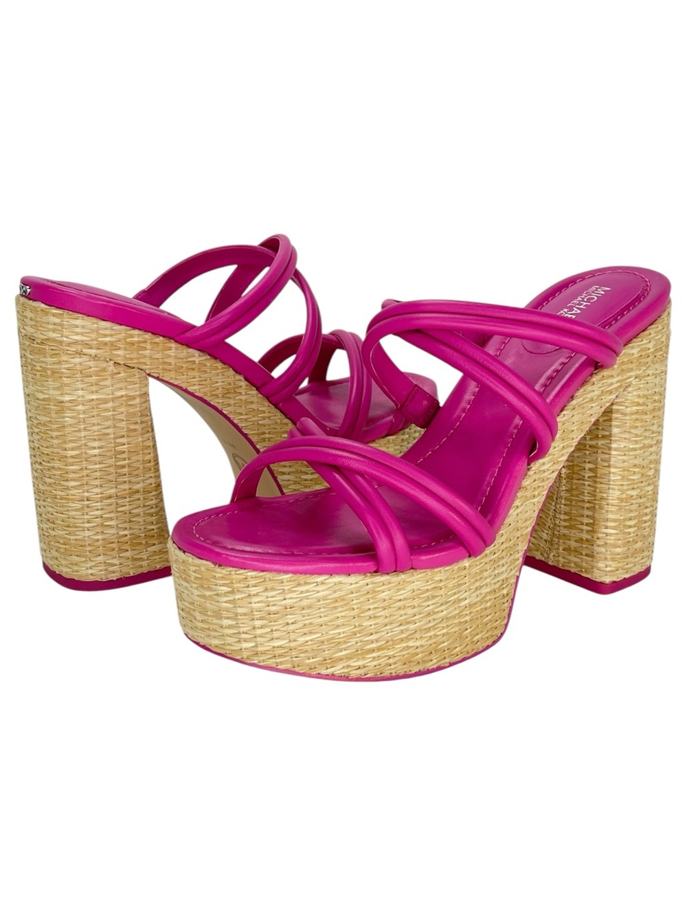 Michael Kors Corrine Pink Leather Raffia Womens Platform Sandals Size 7.5M - Picture 10 of 12